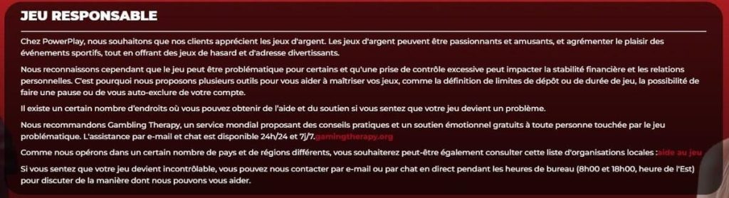 Powerplay Casino jeu responsable